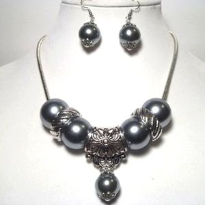 Handmade Flower Scarf Bail Pendant and Dark Gray Pearl Necklace and Earring Set